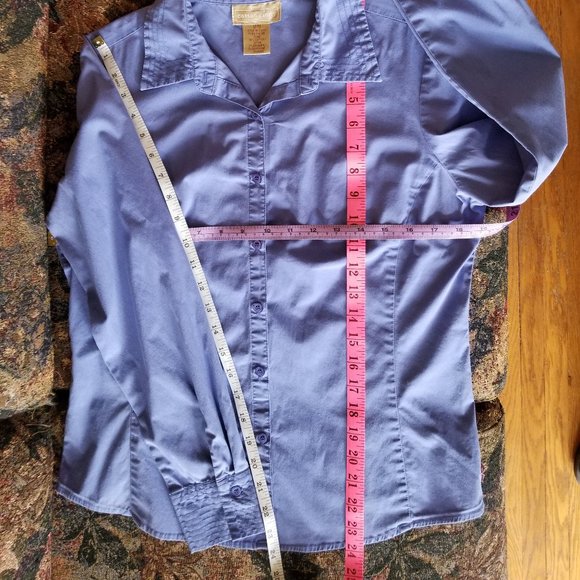 Vintage, med blue cotton, L, S, M, close fit blouse, tuck in/out, Cotton Ginny - Picture 4 of 7